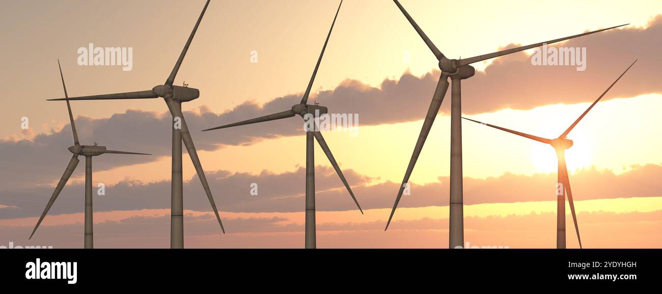Wind turbines at sunset Stock Photo