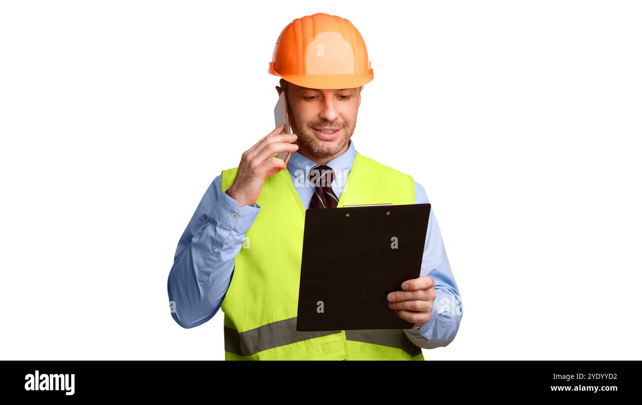 Builder Worker In Hardhat Talking On Cellphone Over White Background Stock Photo