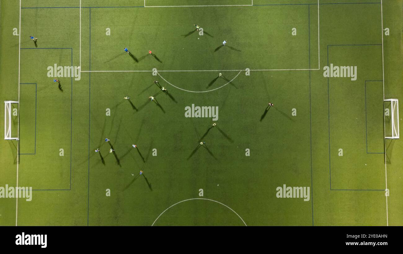 Aerial view of a training in a soccer field at night Stock Photo - Alamy