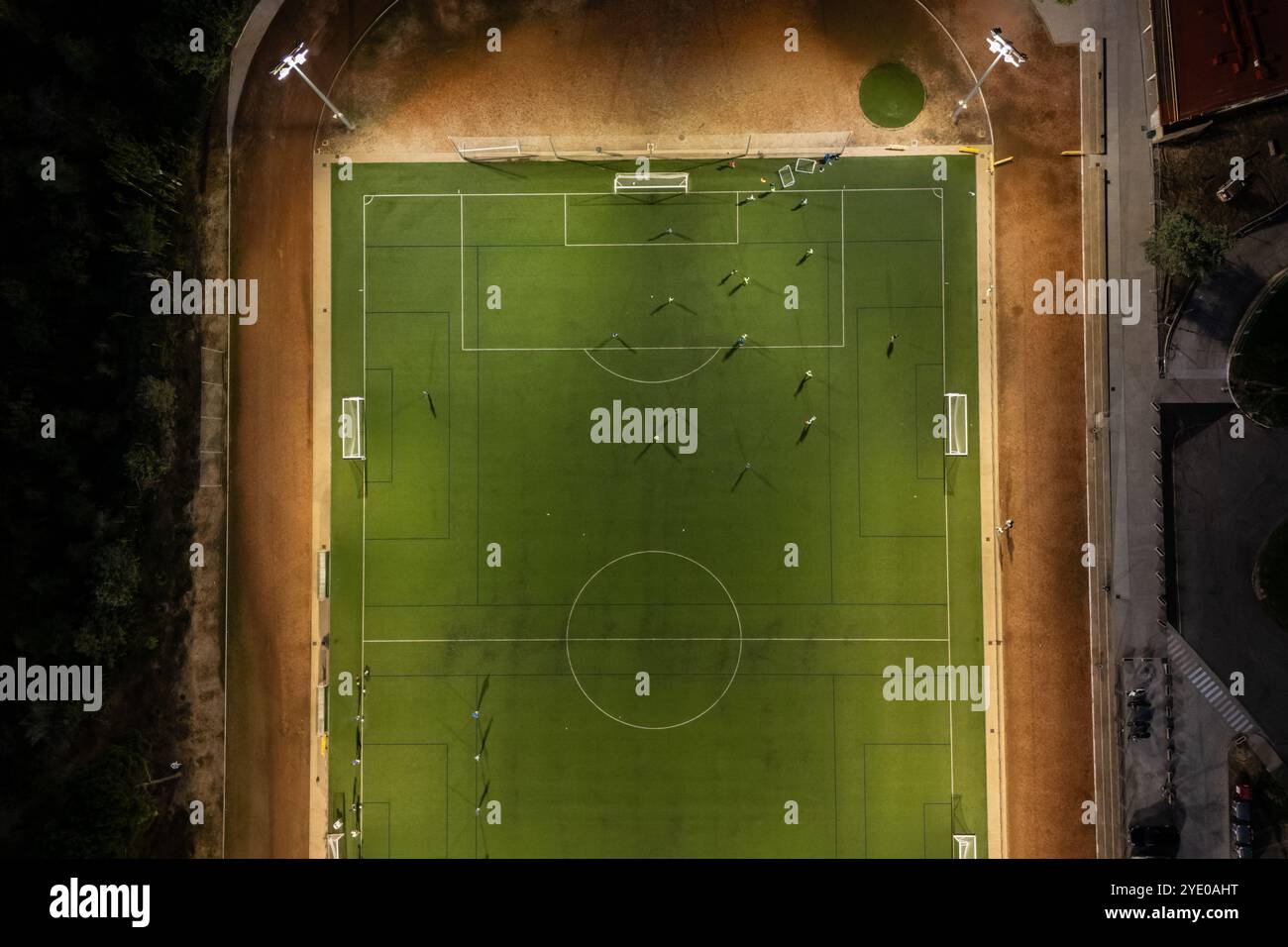 Aerial view of a training in a soccer field at night Stock Photo - Alamy