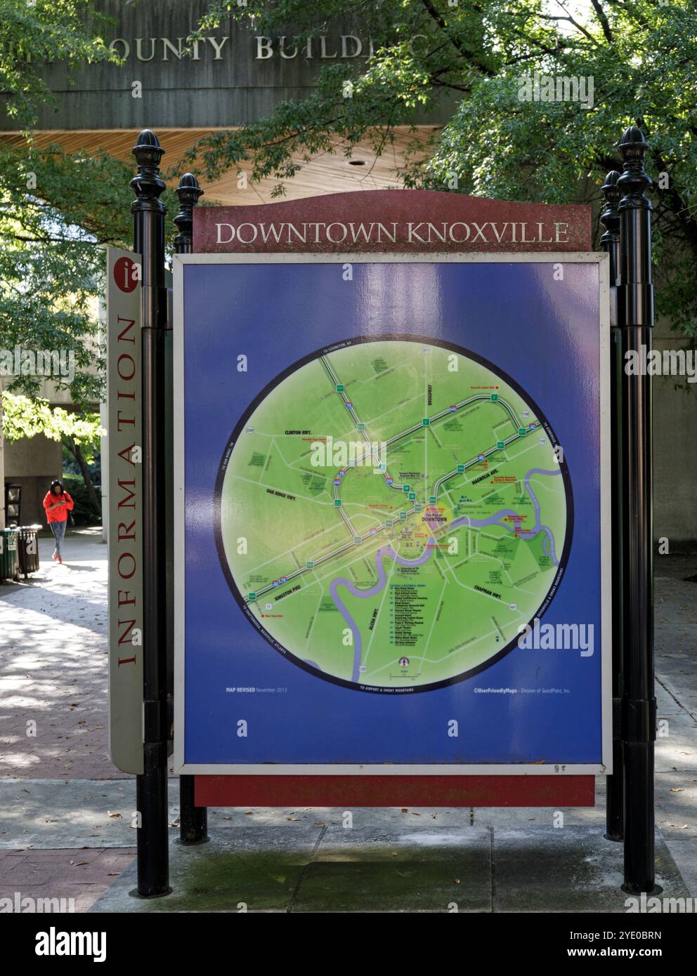 Knoxville, TN, USA-21 Sept. 2024: Map of features in downtown.  Permanent mounting on sign at the City County Building. Stock Photo