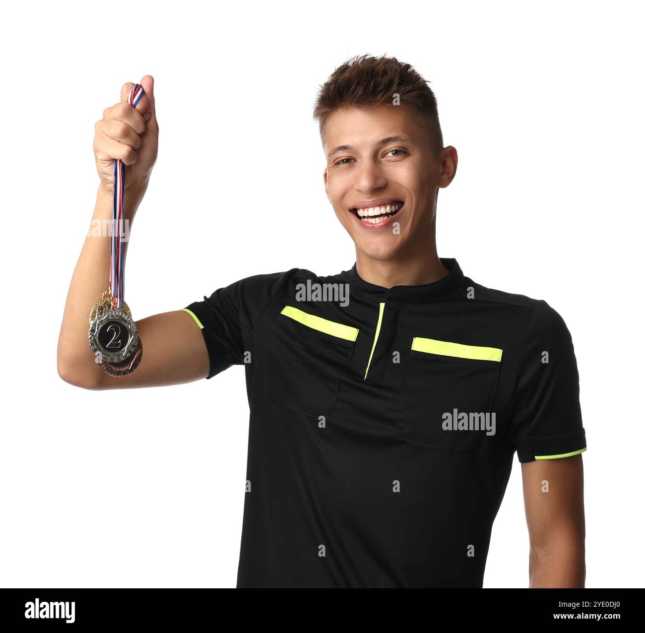 Happy winner with different medals on white background Stock Photo - Alamy