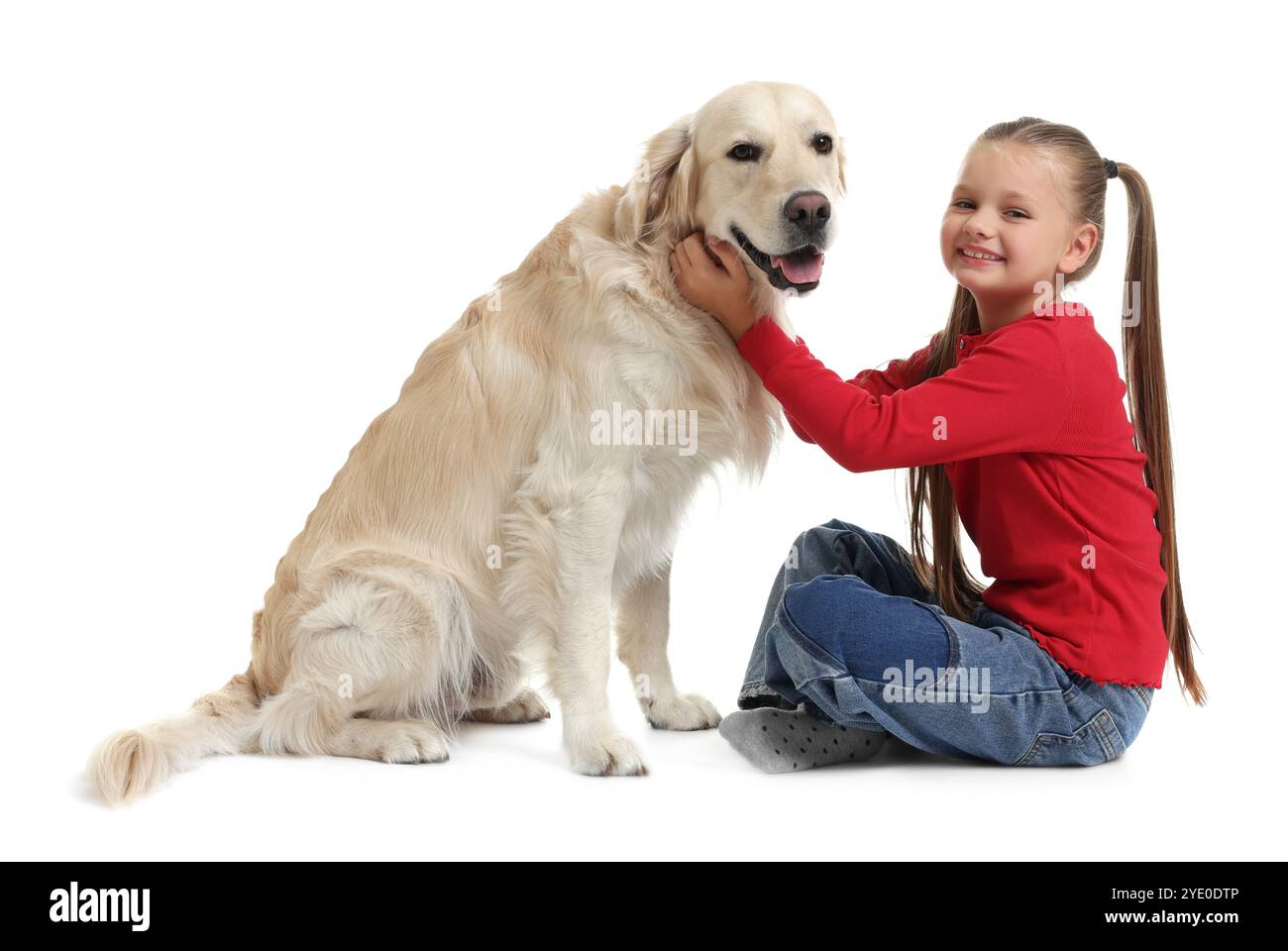 Girl with her cute Golden Retriever dog on white background Stock Photo ...
