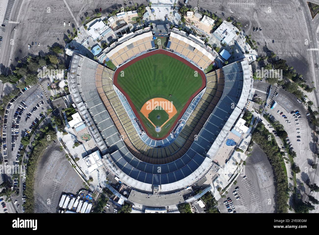 A general overall aerial view of Dodger Stadium, Monday, Oct. 28, 2024 ...