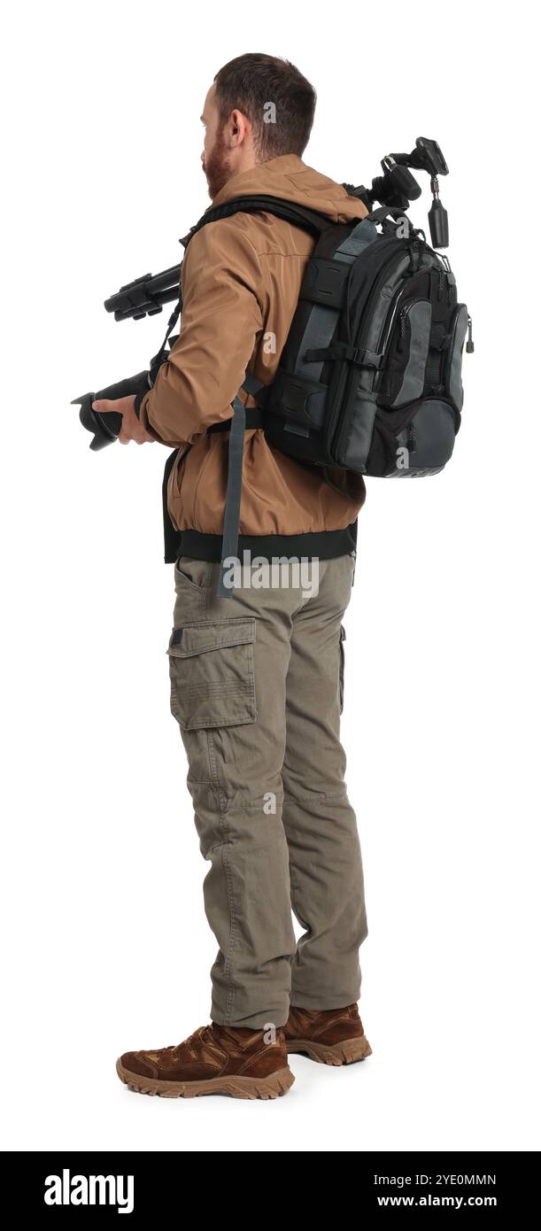 Photographer with backpack and camera on white background, back view ...