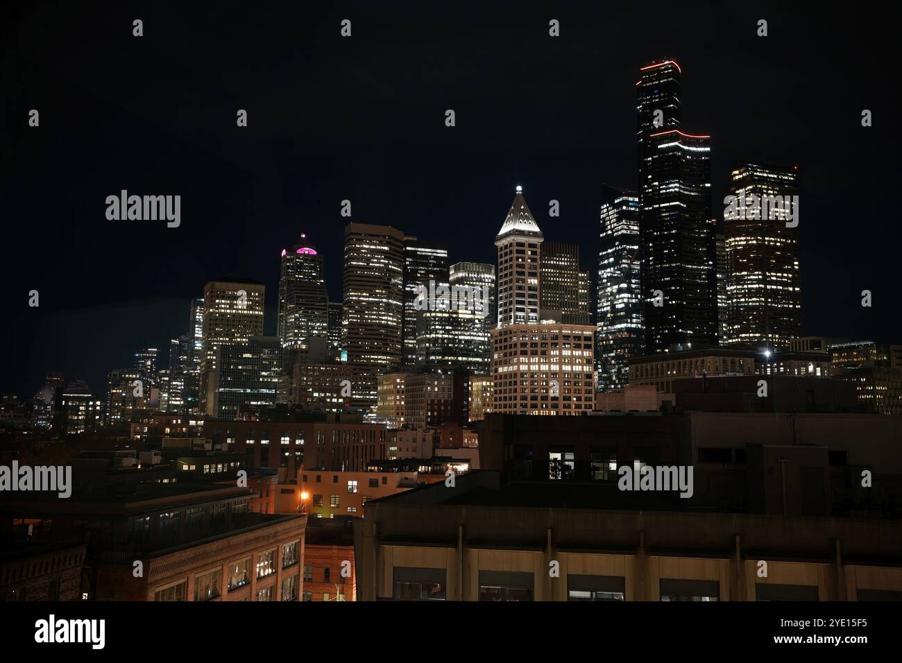 Nighttime skyine of downtown Seattle, Washington, USA. Stock Photo