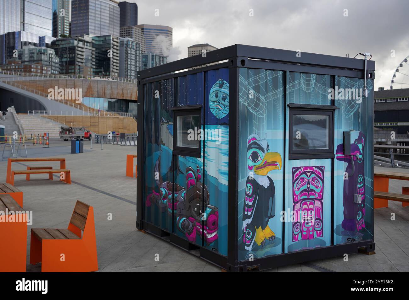First people artwork on a small container on waterside park, Pier 62, Seattle, Washington, USA. Stock Photo