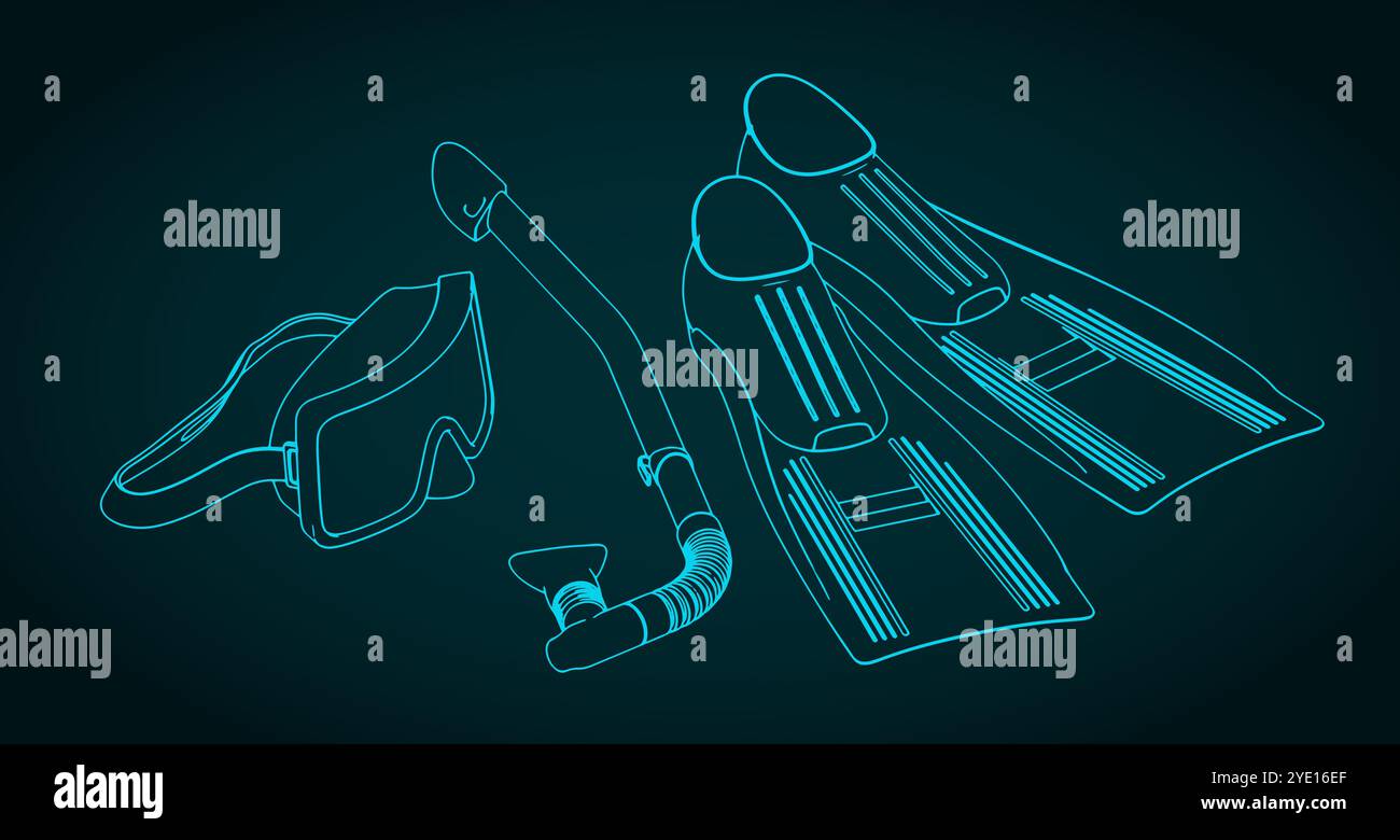 Snorkeling and diving equipment. Scuba diving mask, snorkel and fins Stock Vector