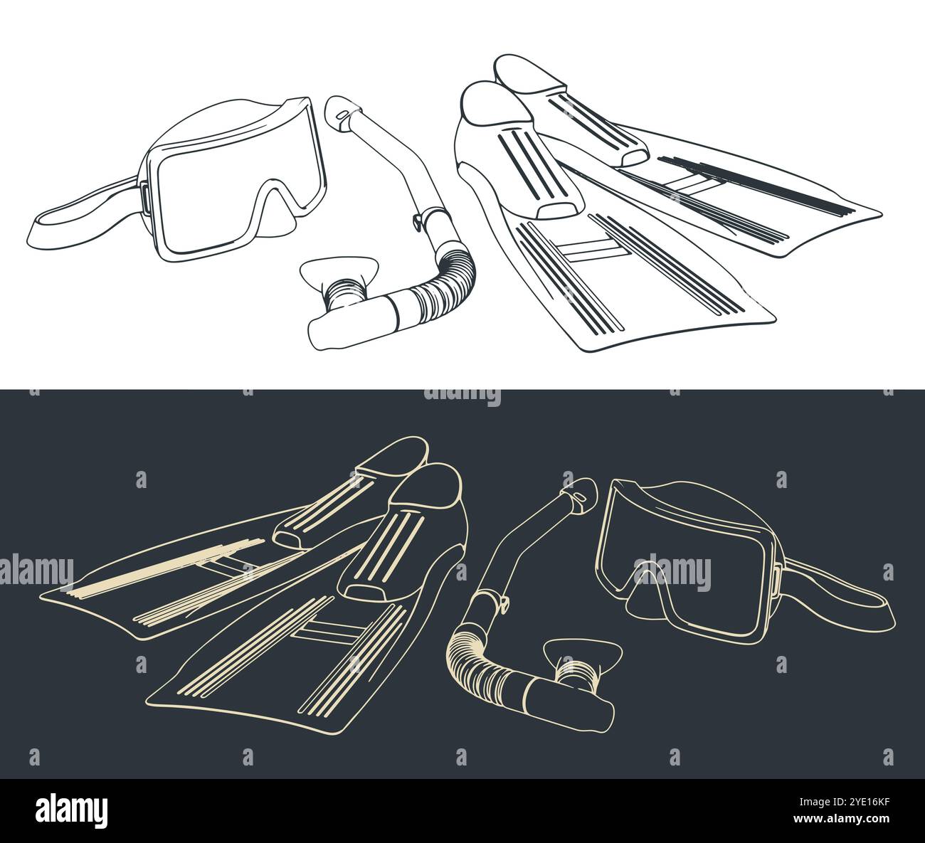 Snorkeling and diving equipment. Scuba diving mask, snorkel and fins Stock Vector