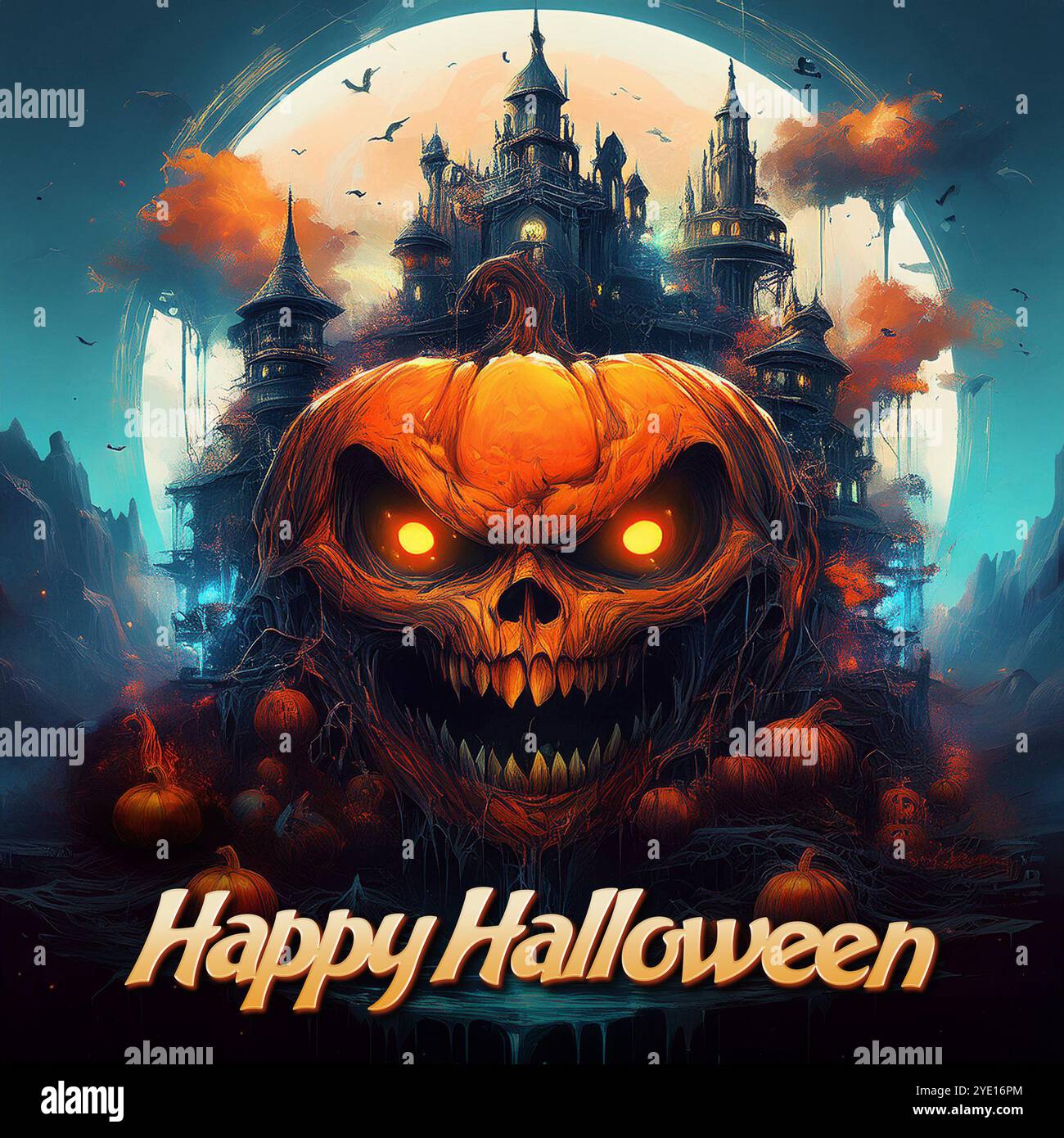 A scary orange Halloween pumpkin with evil eyes, surrounded by sculls, bats and monsters. Ghost castle in the background. Horror! Happy Halloween card Stock Photo