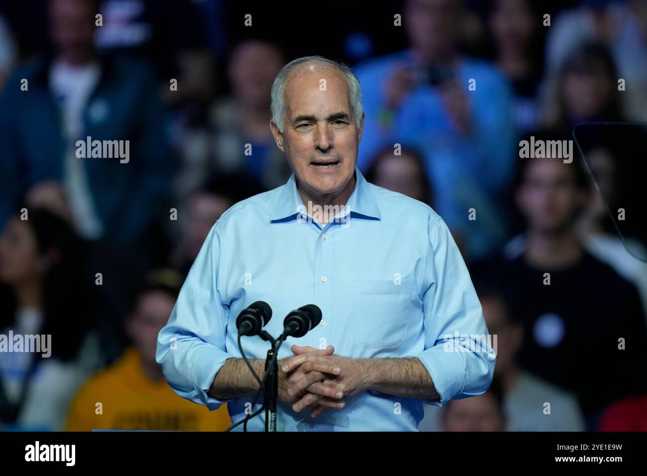 Sen. Bob Casey, D-Pa., speaks at a campaign rally with former President ...
