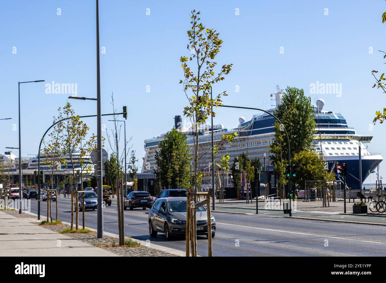View of the modern cruise terminal located on the Tagus River near the Commerce Square in downtown Lisbon, Portugal. Stock Photo