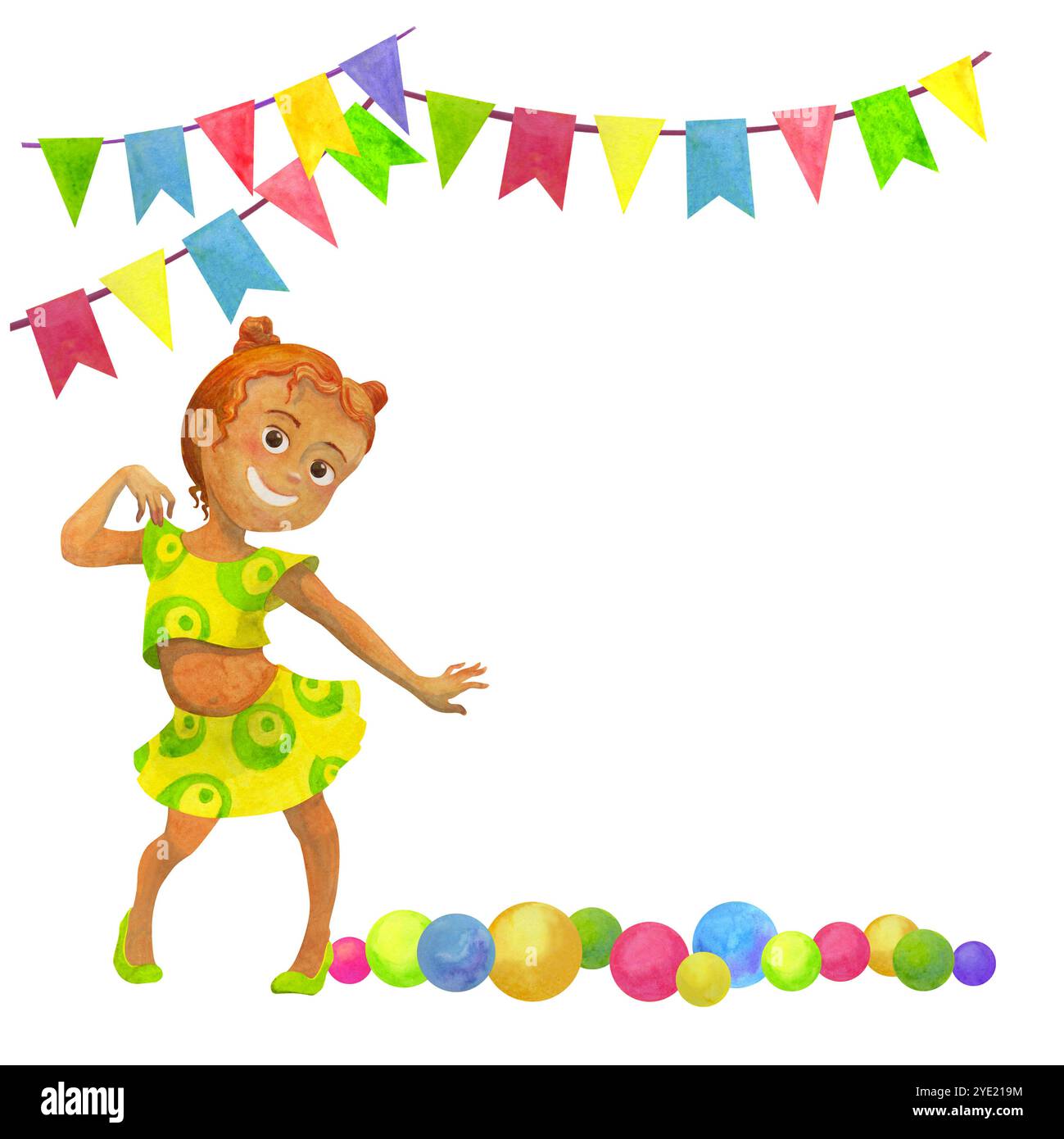 European red haired preteen girl dancing merrily at a party. Holiday or celebrating concept. Watercolor festive frame with flag garlands and colorful Stock Photo