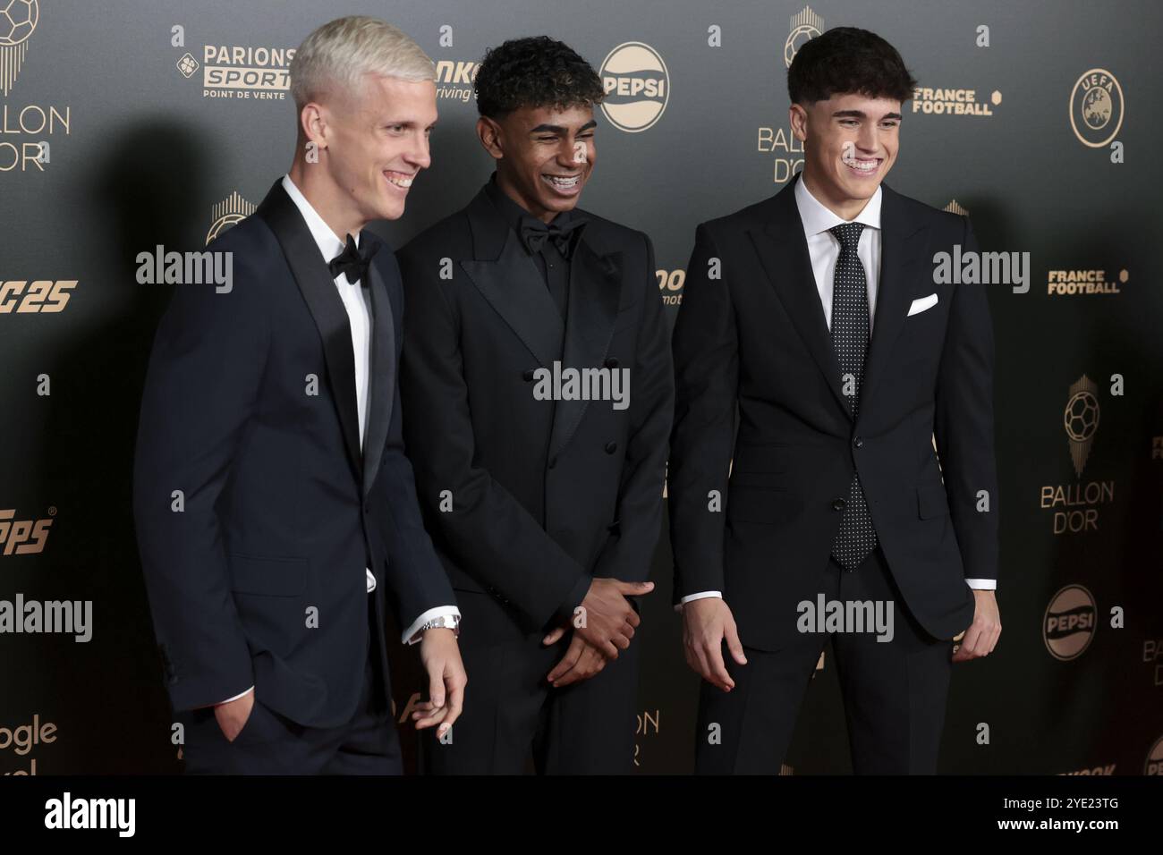 Dani Olmo, Lamine Yamal and Pau Cubarsi of Spain and FC Barcelona