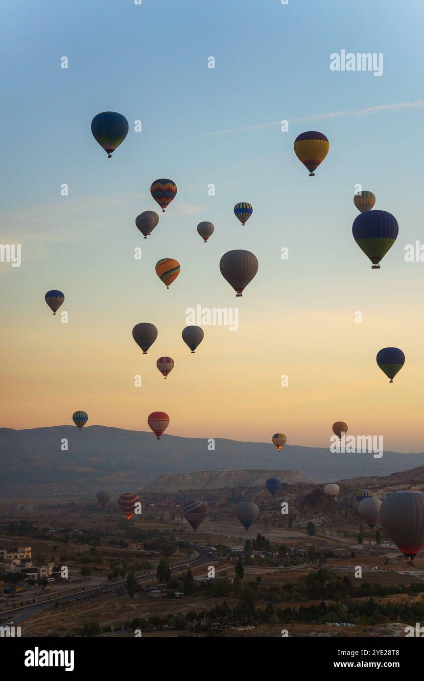 Colorful hot air balloons fly gracefully over a vibrant skyline in ...