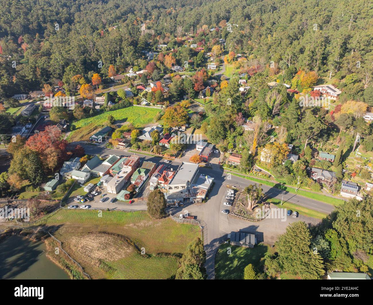Aerial view of a small country town with coloured Autumn trees at Warburton in the Yarra Valley in Victoria, Australia Stock Photo