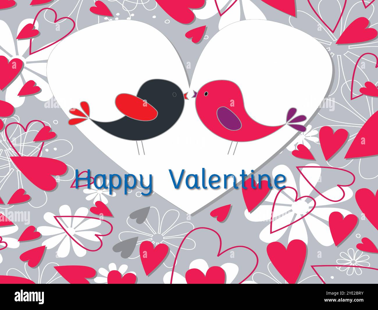 Heart shaped background with two birds kissing on it. The background is pink and grey. The text says Happy Valentine Stock Vector