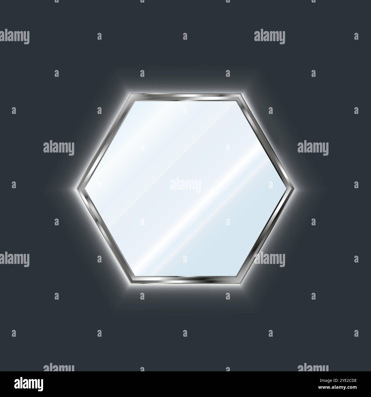 Realistic hexagonal mirror in a silver frame with LED lighting. 3D vector illustration isolated on dark background Stock Vector