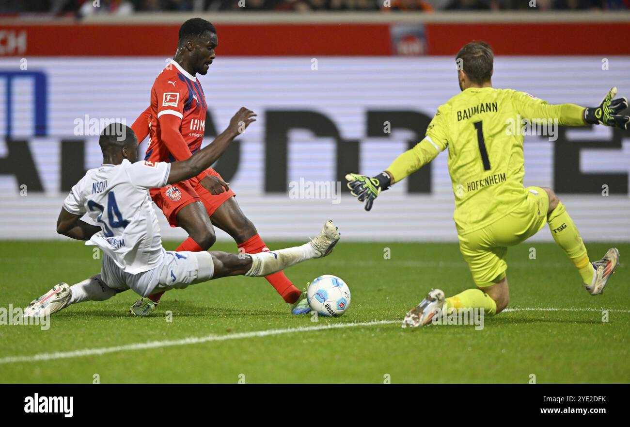 Goal kick Action Goal chance Penalty area scene, Goal area scene Sirlod Conteh 1. FC Heidenheim 1846 FCH (31) v Stanley Nsoki TSG 1899 Hoffenheim (34) Stock Photo