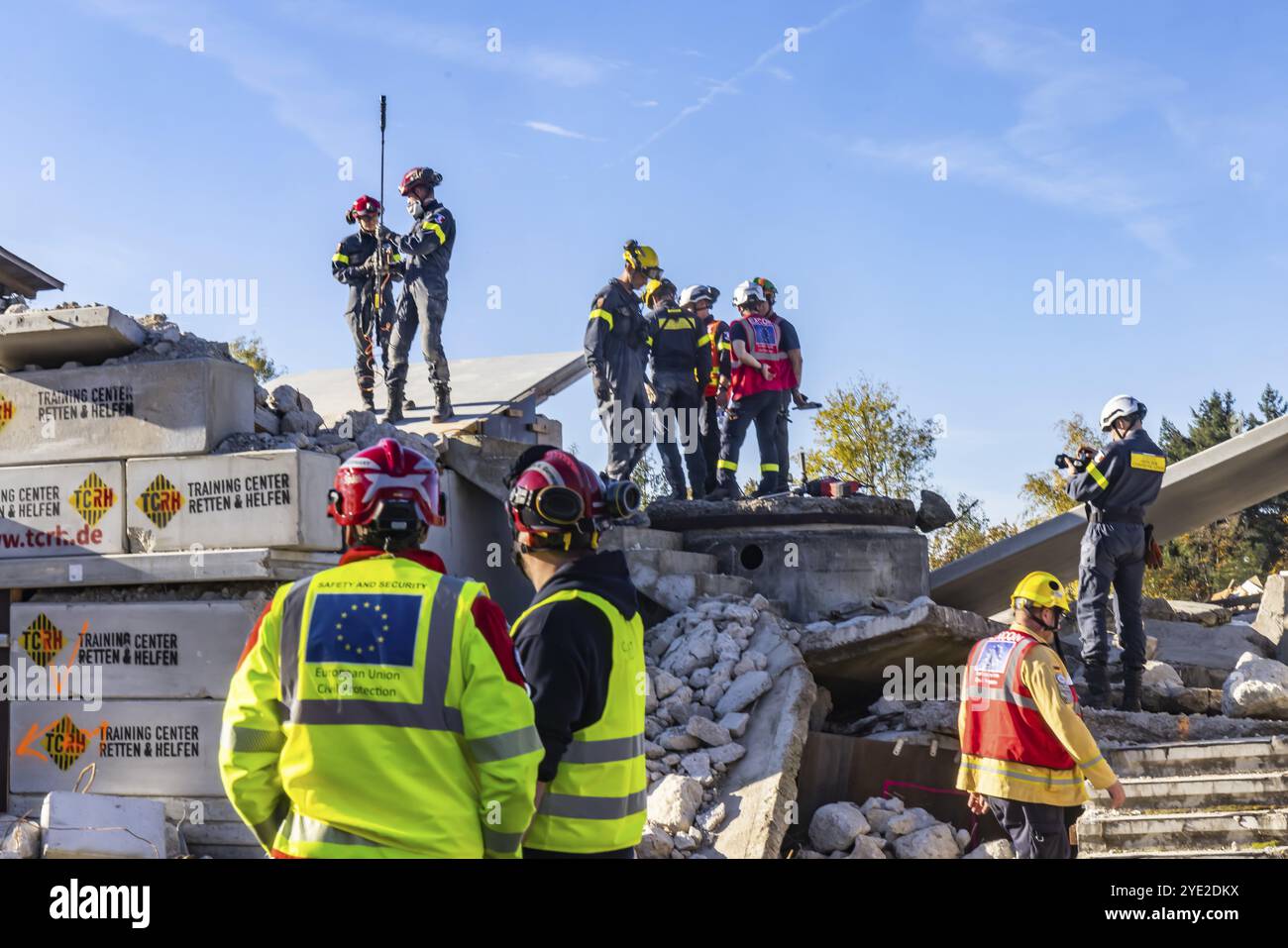 International disaster control exercise Magnitude with more than 1000 rescuers. They are rehearsing an emergency after a fictitious earthquake on the Stock Photo