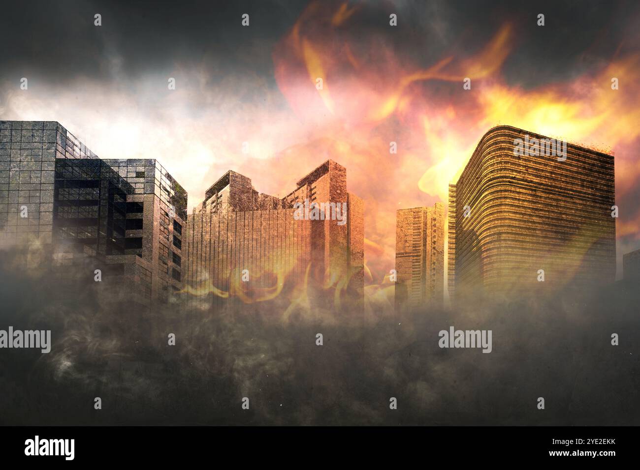 Destruction city with fires explosion with dramatic sky background. Fire is orange and yellow, and it is surrounding and burning buildings. Abandoned Stock Photo