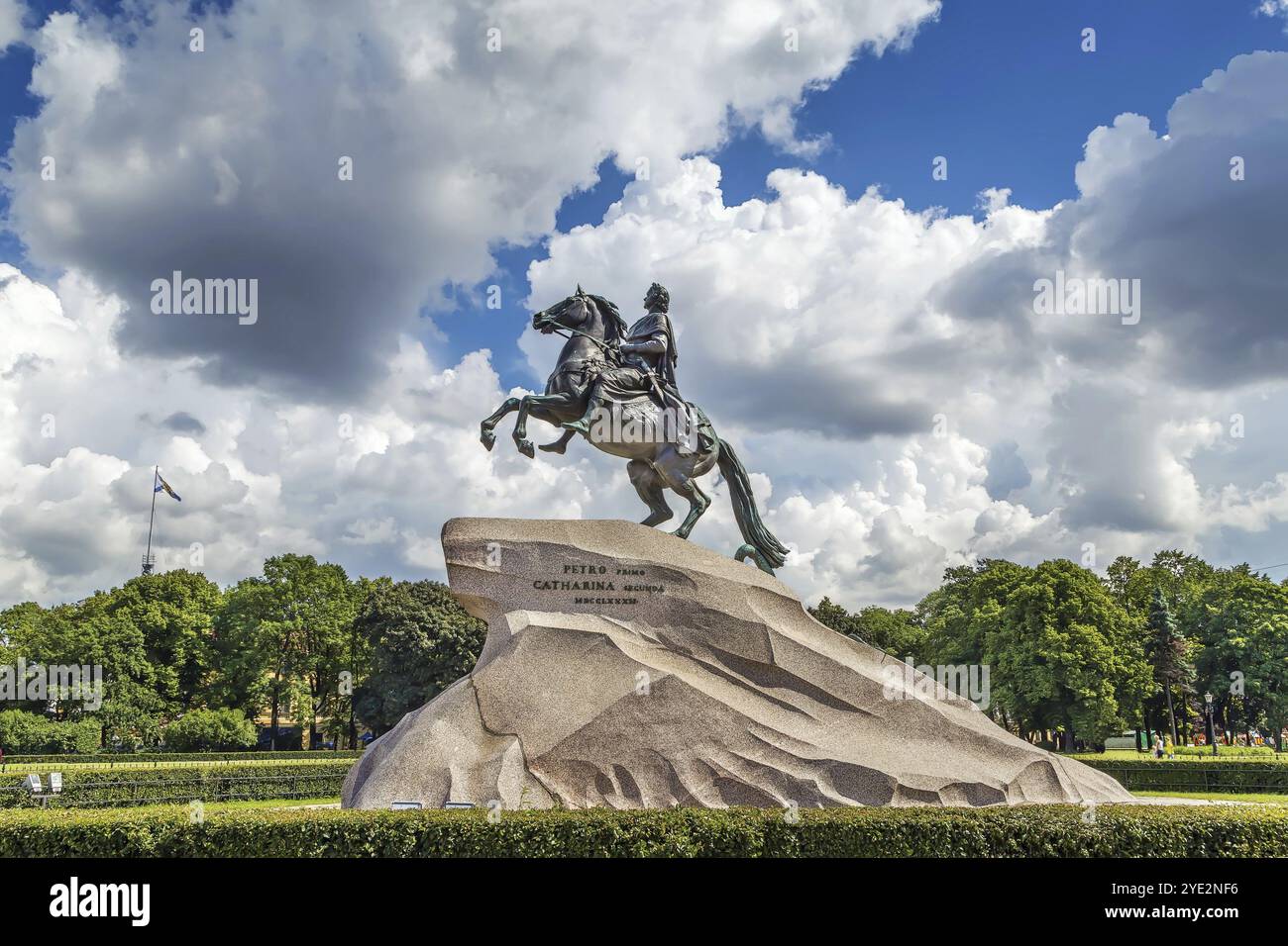 The equestrian statue of Peter the Great is situated in the Senate Square in Saint Petersburg, Russia, Europe Stock Photo