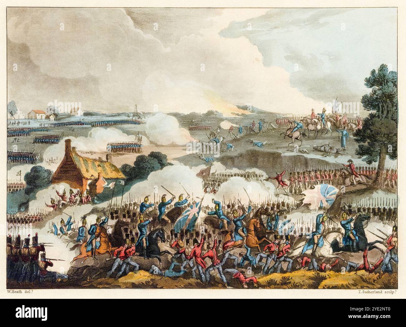 The Centre of the British Army in action at the Battle of Waterloo, June 18th 1815, aquatint print engraving by Thomas Sutherland after William Heath, 1815 Stock Photo