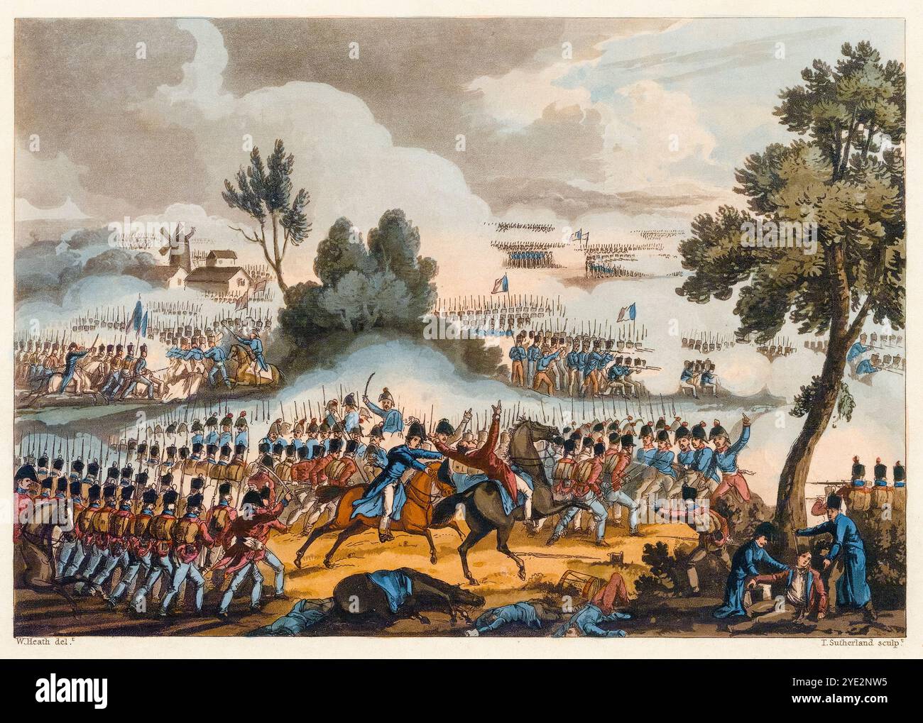 The Left Wing of the British Army in action at the Battle of Waterloo, June 18th 1815, aquatint print engraving by Thomas Sutherland after William Heath, 1815 Stock Photo
