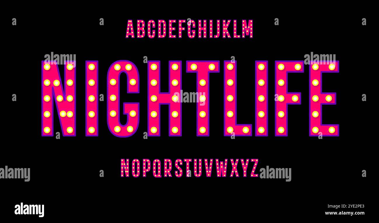 Vegas dazzling alphabet, retro illuminated letters, lightbulb glowing font for carnival headline, bright casino logo, nightlife show signage. Vector Stock Vector