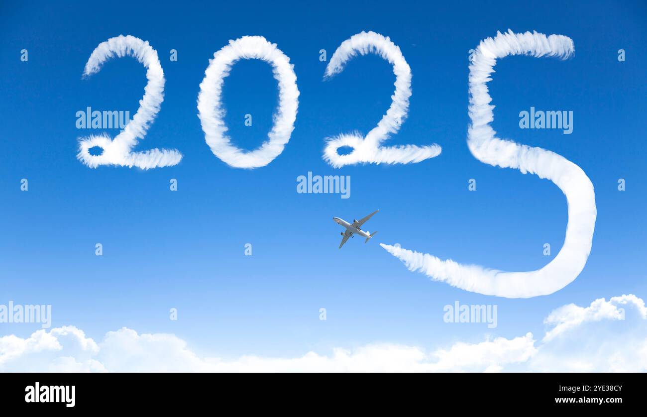 happy New year 2025 concept. cloud drawing by airplane in sky Stock Photo