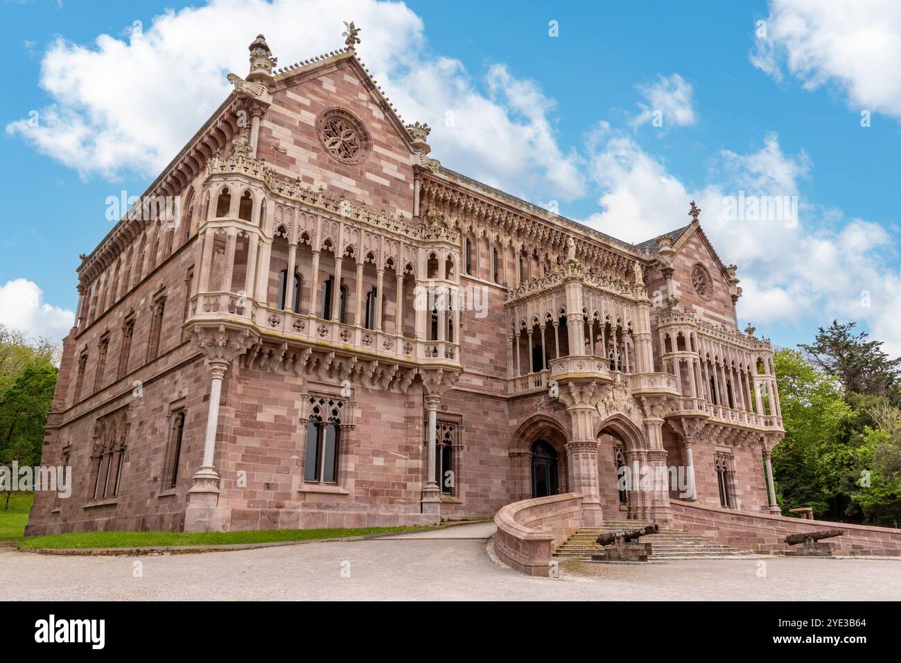 comillas-spain-mai-19-2024-sandstone-facade-of-the-neogothic