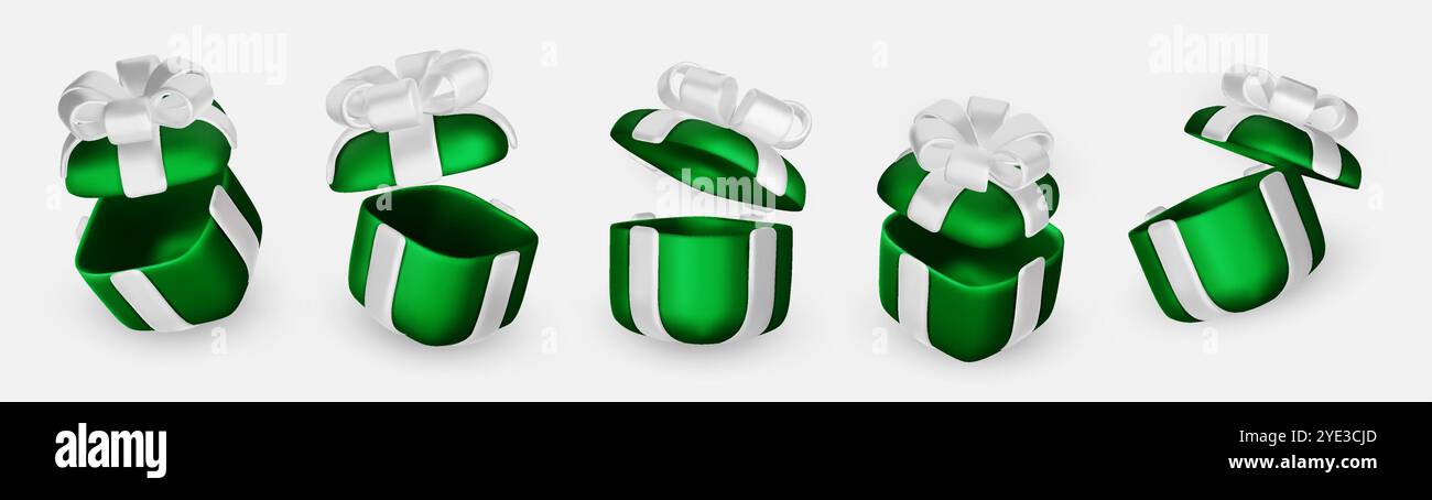 Set of realistic 3d render gift boxes. Gold gift box with green bow and ...