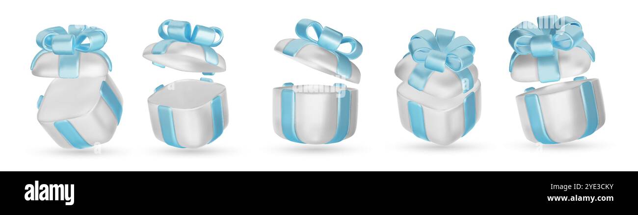 Set of realistic 3d render gift boxes. White gift box with blue bow and ...