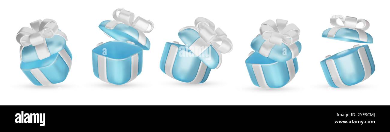 Set of realistic 3d render gift boxes. Blue gift box with white bow and ...