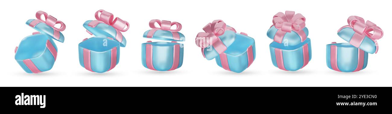 Set of realistic 3d render gift boxes. Blue gift box with pink bow and ...