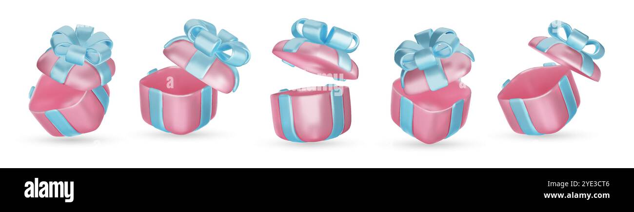 Set of realistic 3d render gift boxes. Pink gift box with blue bow and ...