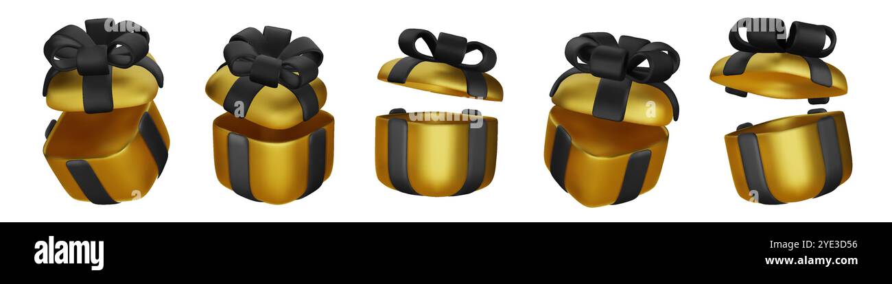 Set of realistic 3d render gift boxes. Gold gift box with black bow and ...