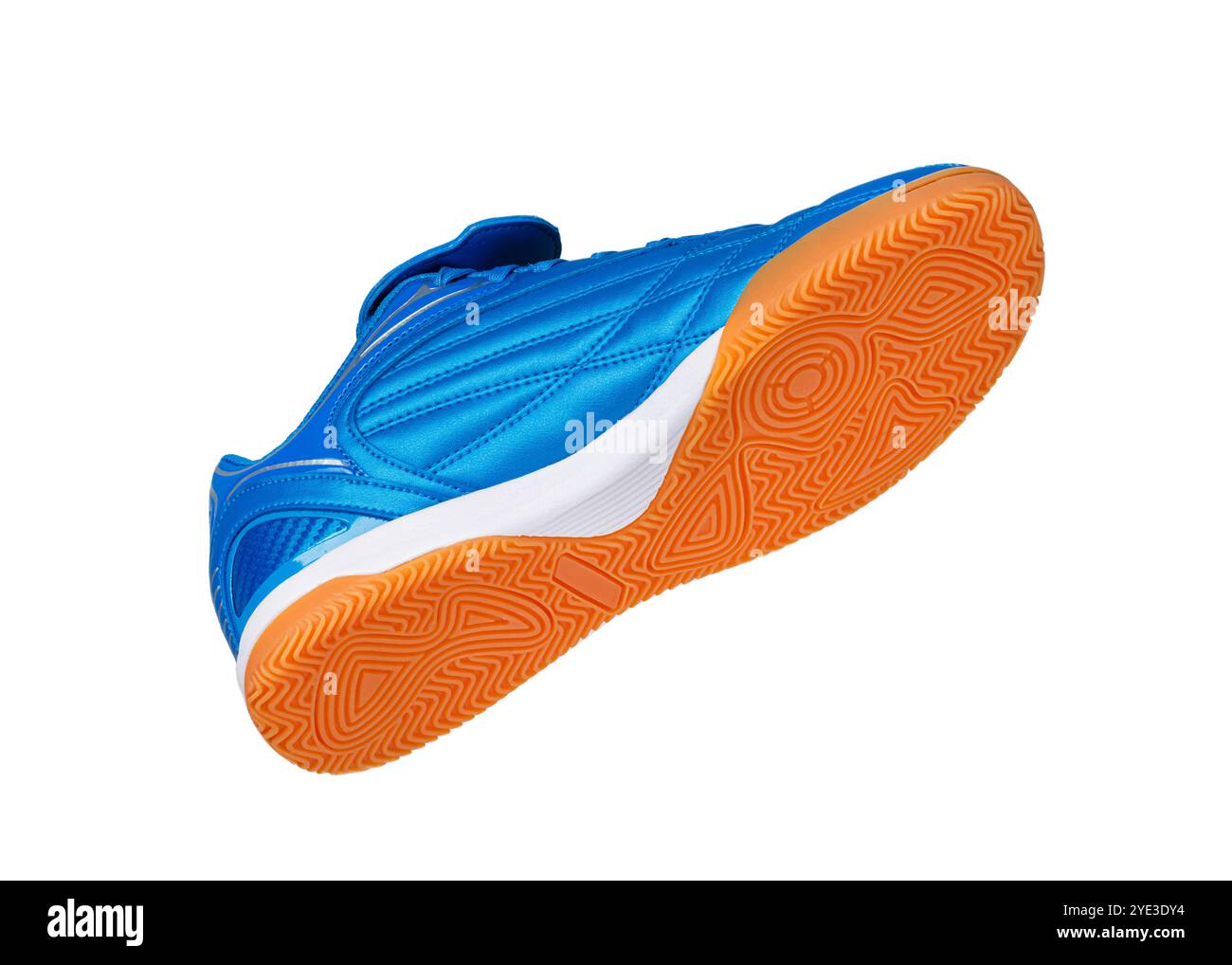 Blue leather sneaker with polyurethane sole on a white background. Stock Photo