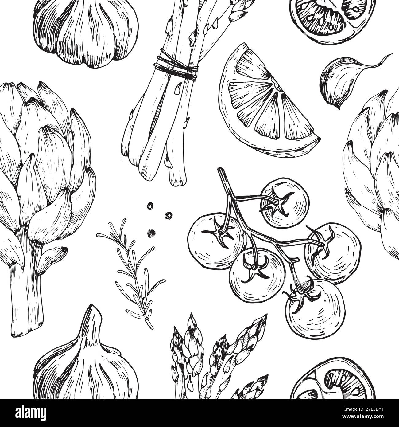 Seamless pattern with artichoke, cherry tomatoes, asparagus, rosemary, lemon, pepper, garlic hand drawn  Stock Vector