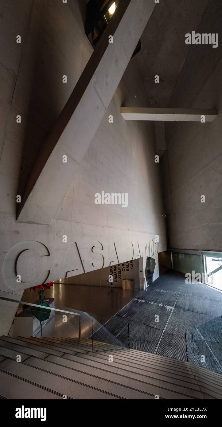 Porto, Portugal - Mai 28, 2024 - Foyer of the iconic Casa de Musica in Porto, Portugal, with exposed concrete and aluminium floor, designed by Rem Koo Stock Photo