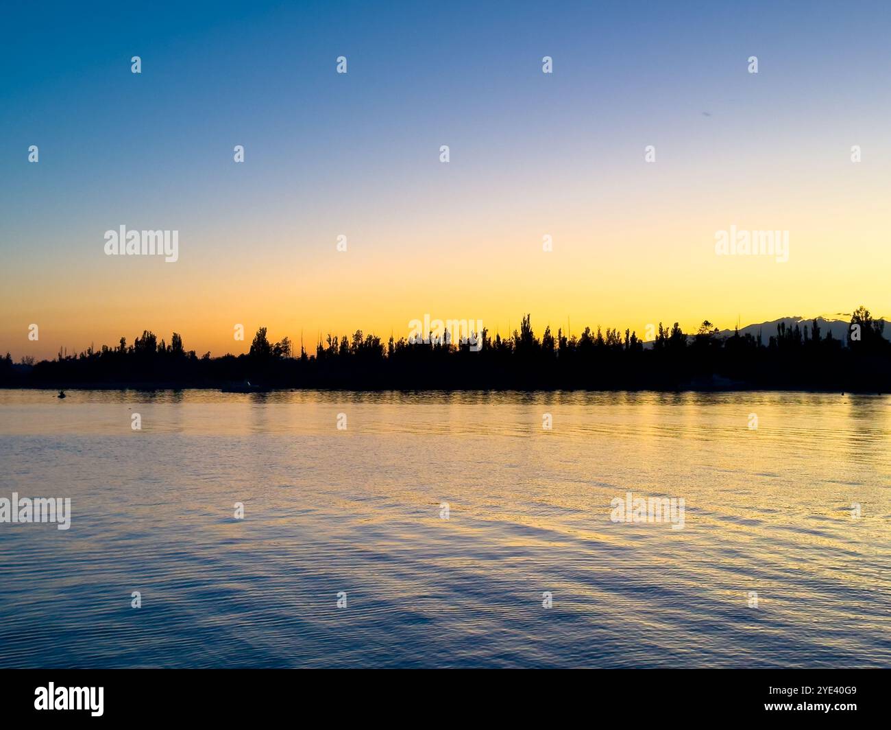 A golden sunset sky with silhouettes of trees along the lake s shore ...