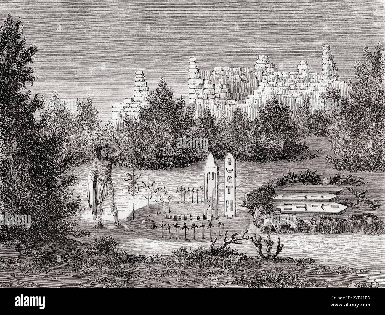 Altar and ruins near Zuni Pueblo, New Mexico, United States of America, seen during the expedition of Balduin Möllhausen to America, 1853 -1854. From Le Tour du Monde, published Paris, 1860. Stock Photo