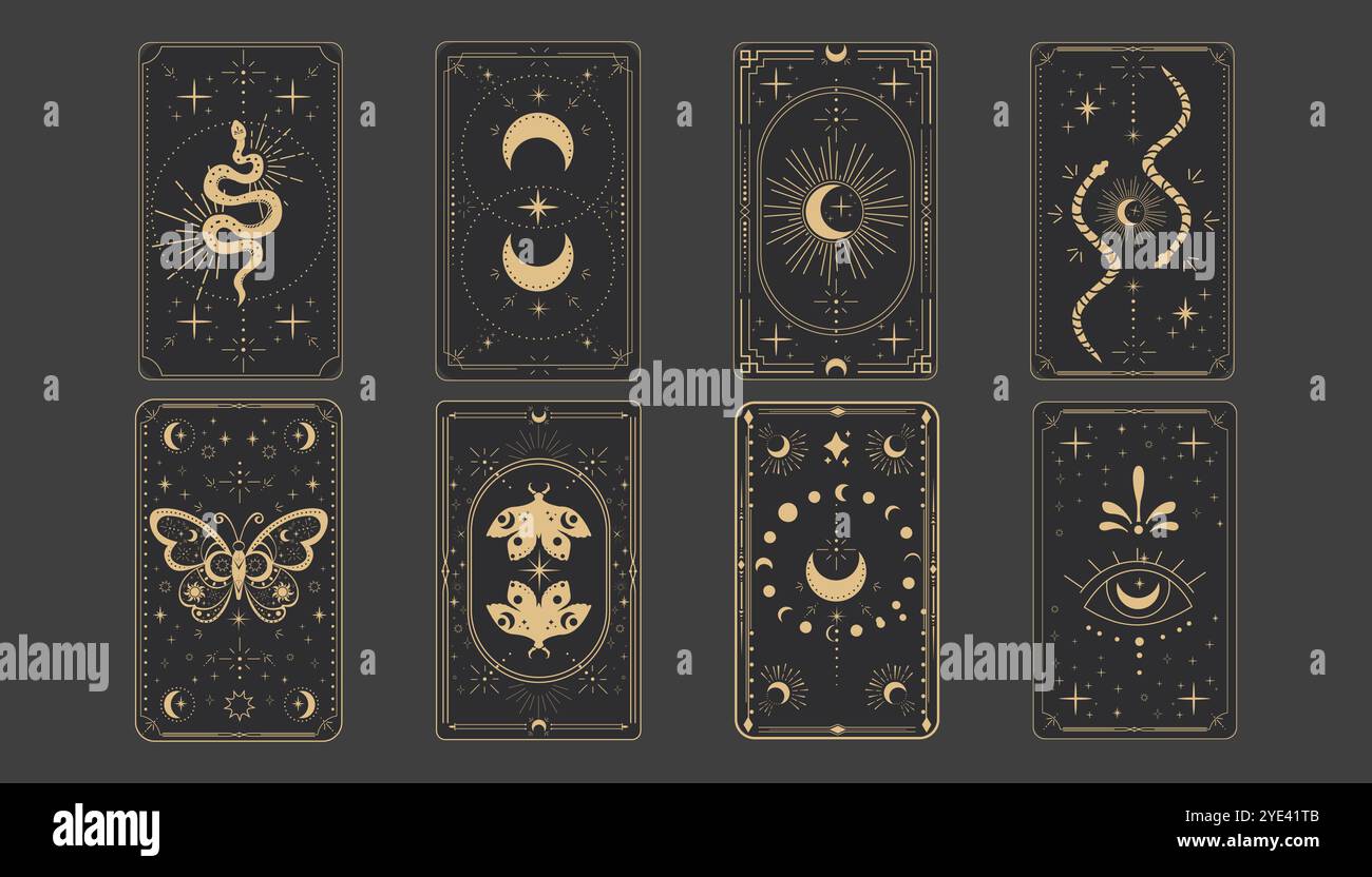 Tarot reverce border magic sacred frame gold line border celelstial mystery esoteric cover card decoration with snake stars moth moon on dark background. Vector illustration Stock Vector