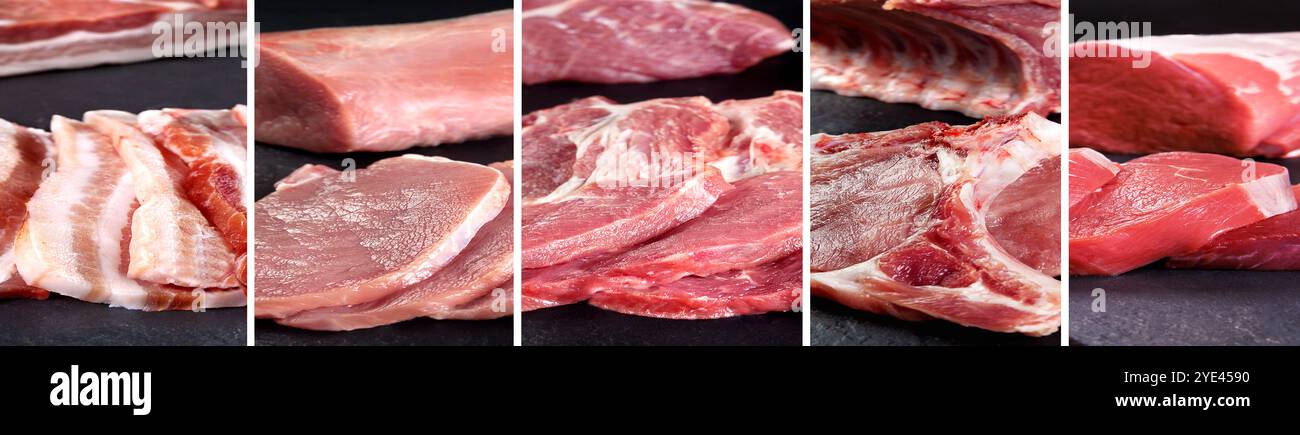 Collage or design of different types of raw meat for butcher shop or ...