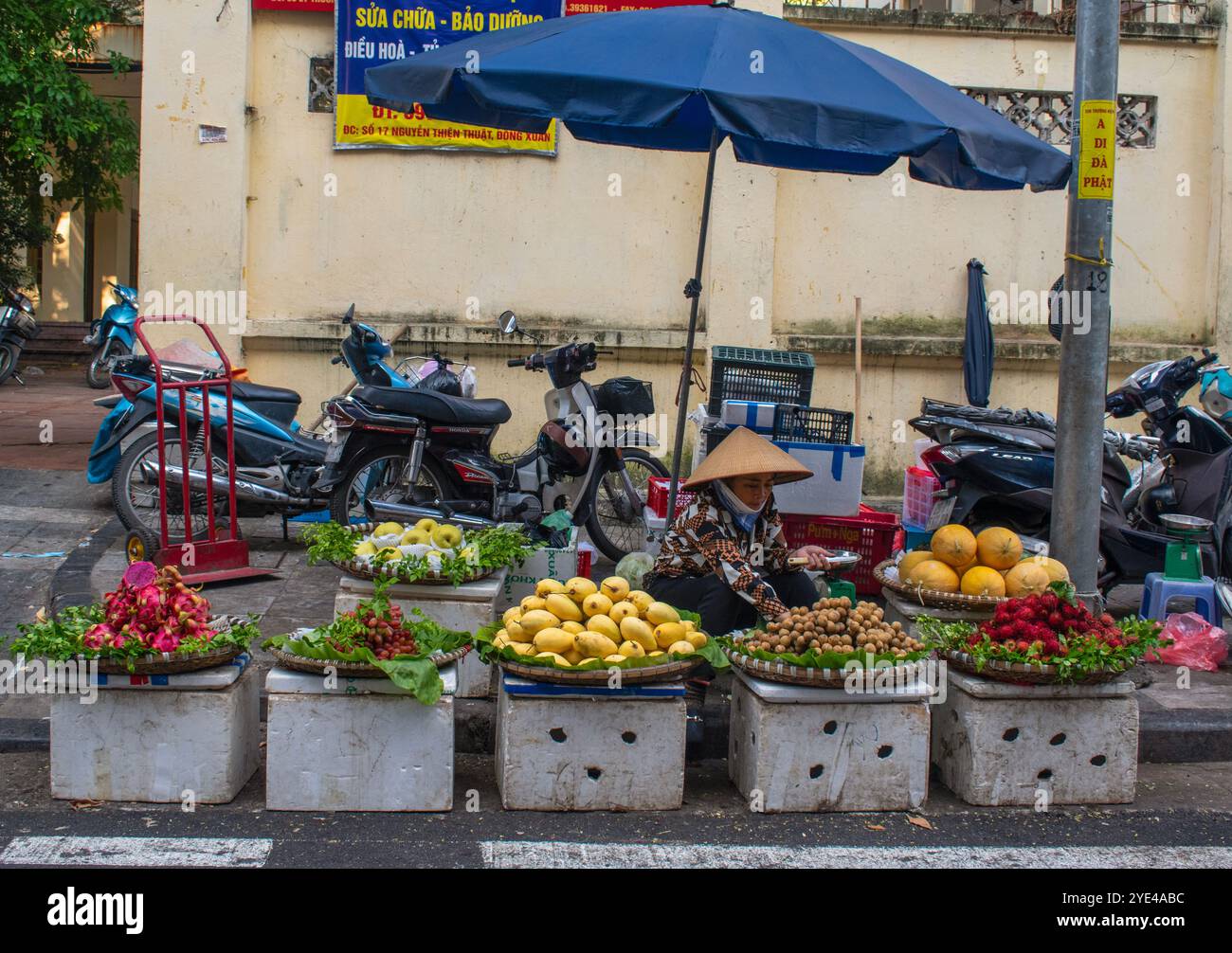 Hanoi, Vietnam: Vietnamese woman wearing traditional conical hat Non La and selling fruits at Dong Xuan Market, built by the Frenchs in 1889 Stock Photo
