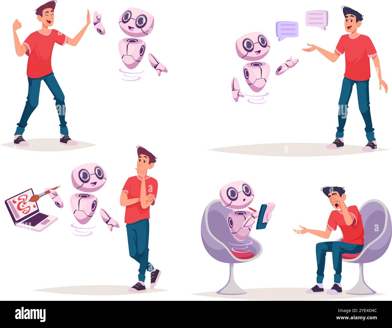 Ai chatbot. People conversation with smart computer ai system chatbot exact vector concept pictures in cartoon style Stock Vector