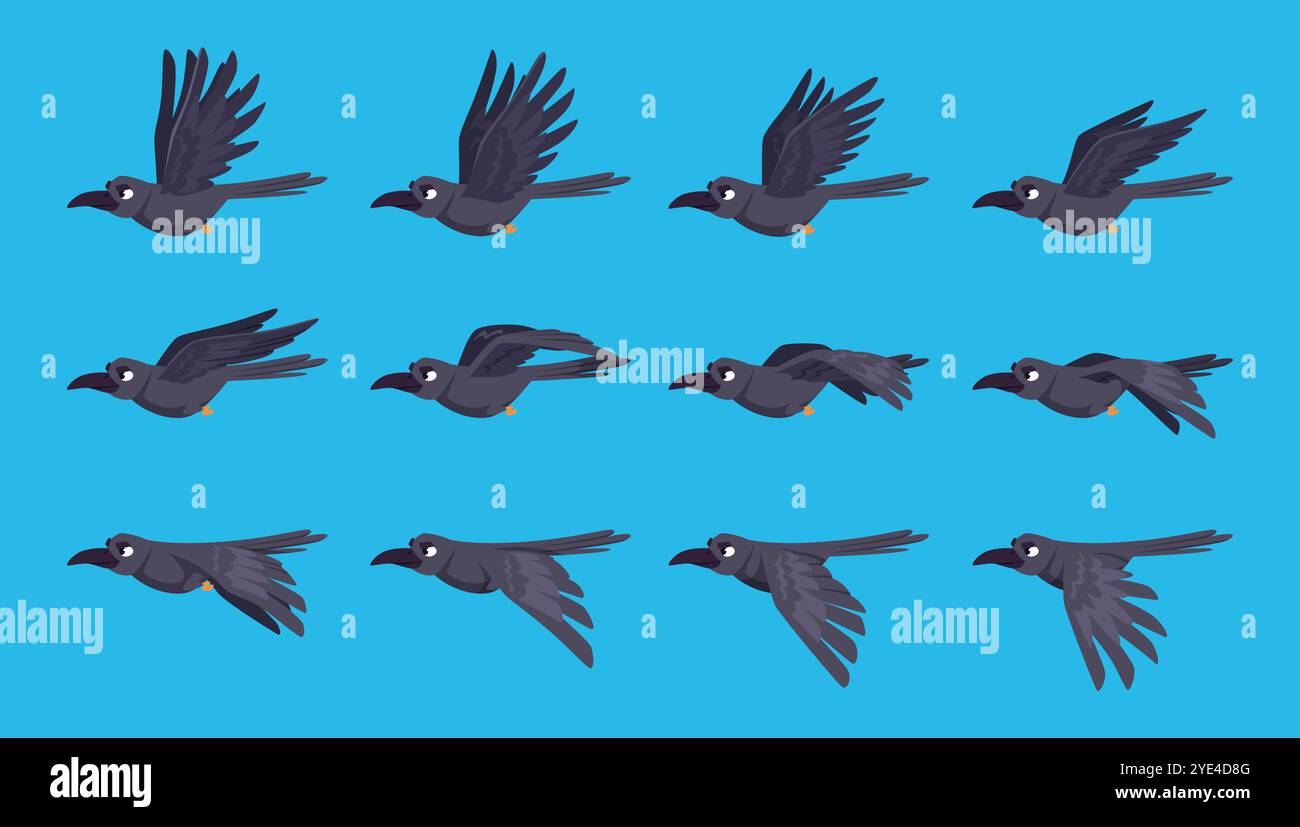 Bird sequence. Crow flying keyframe animation exact vector game assets collection templates Stock Vector