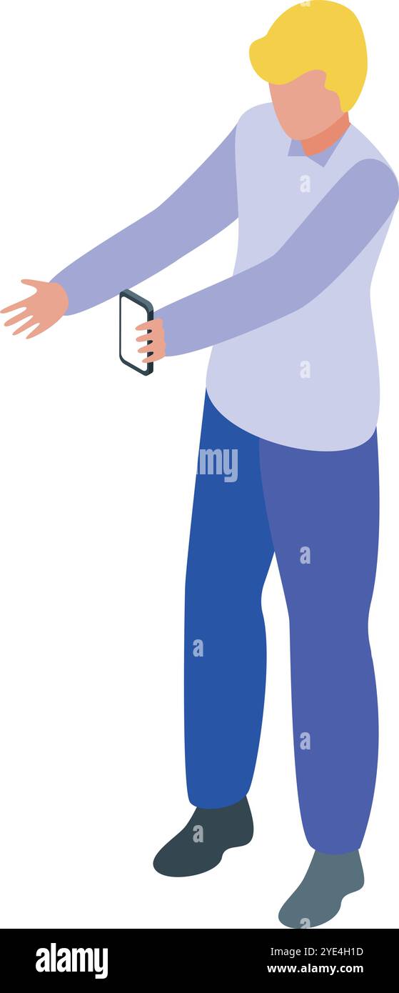 Office worker interacting with augmented reality app on smartphone, exploring virtual elements in isometric view Stock Vector