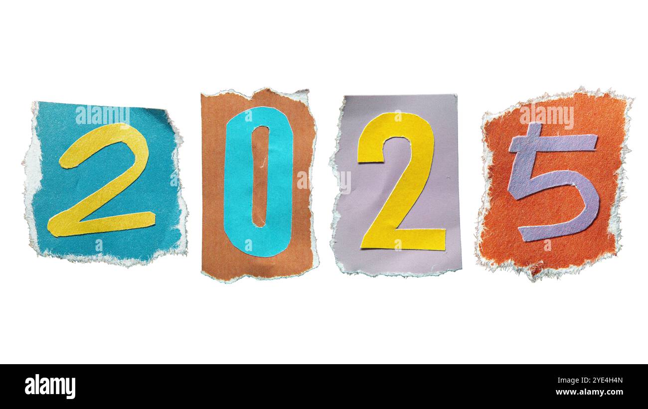 Year number 2025 torn from magazine paper on white background with clipping path. Ransom note style letters. Stock Photo