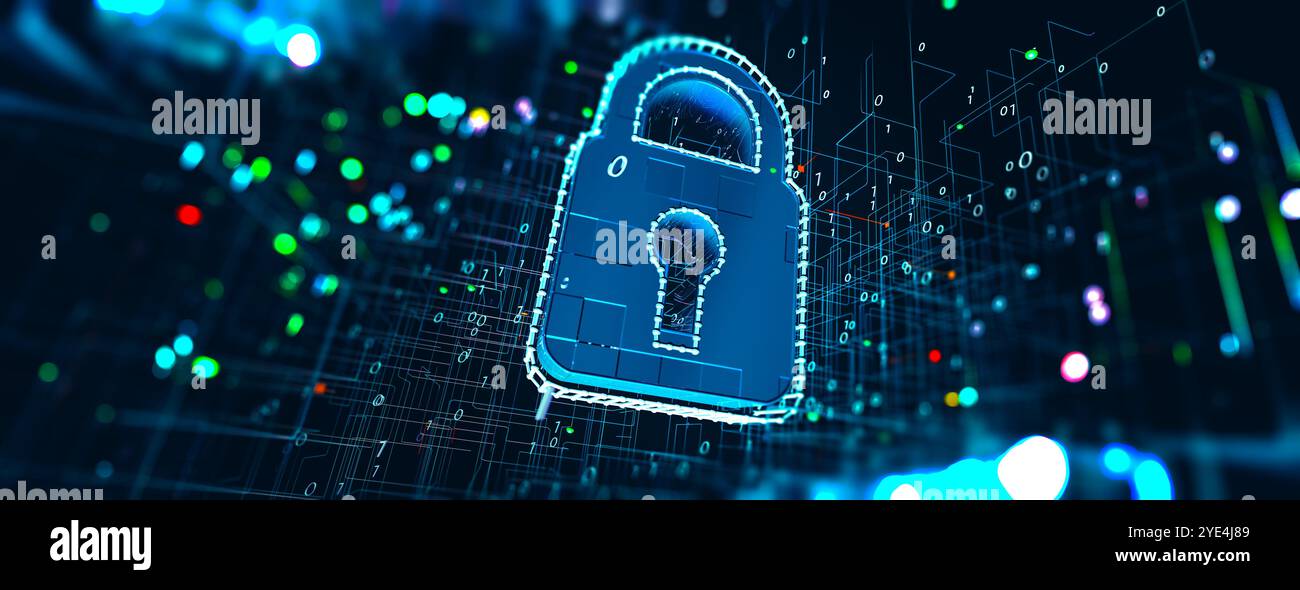 Data volume analysis and computer science industry.3d illustration.Data structure and information tools for networking business and cyber security. Stock Photo